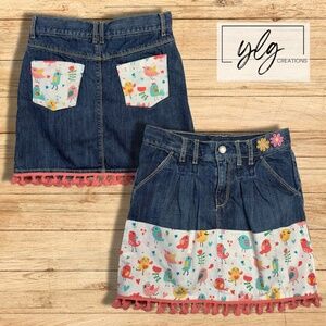 Gymboree Utility Skirt Skort Denim Patched Birds Flower Shorts Pom Pom 10